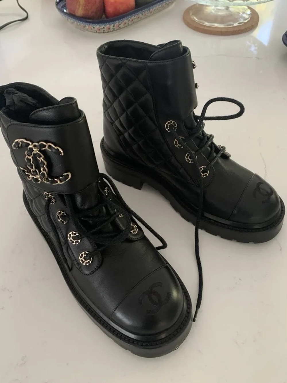 SEND OFFERS CHANEL Black Quilted Leather Lace-Up Combat Boots with Chain-Trim CC